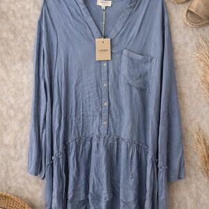 Umgee Dusty Blue Button-Front Peasant Tunic